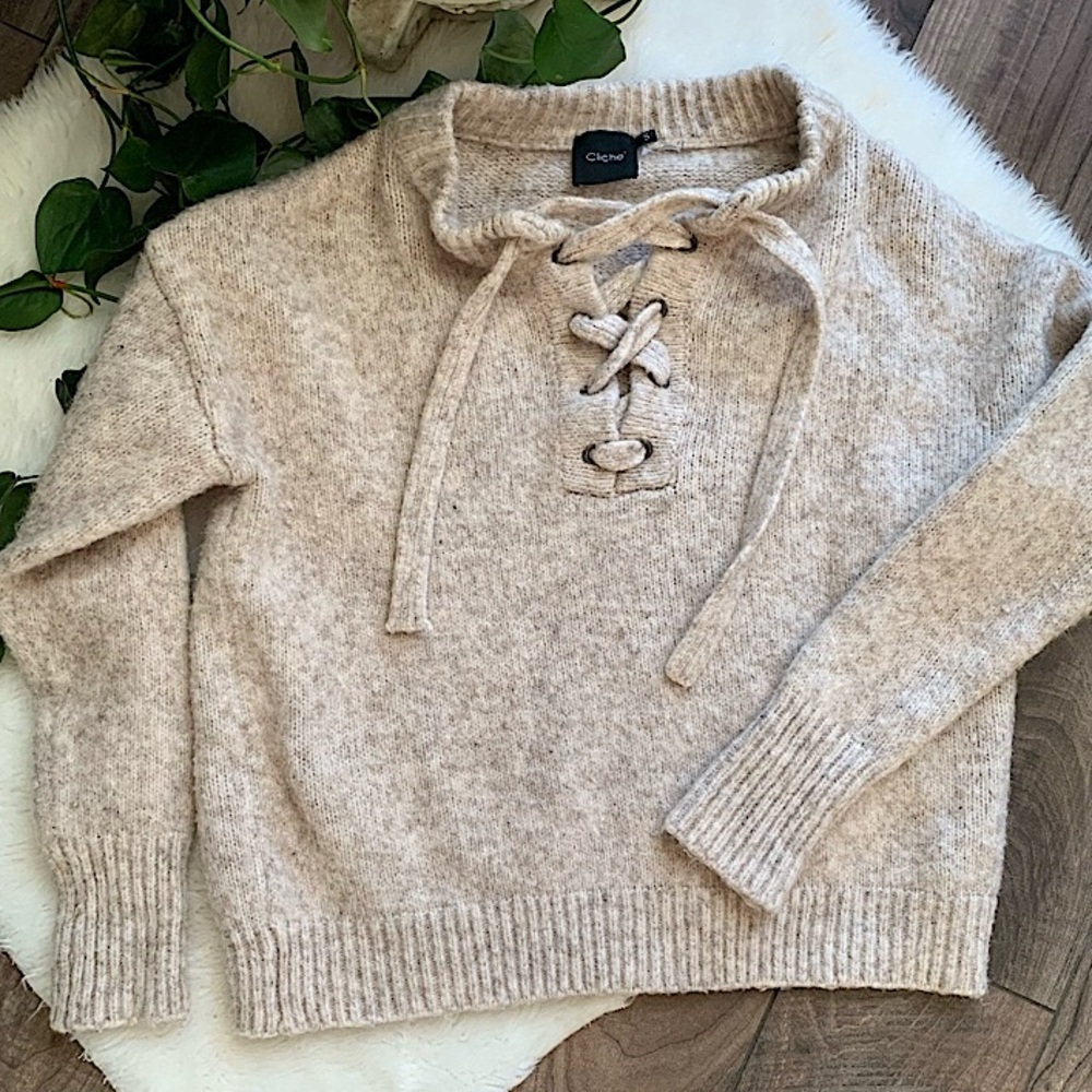 ANTHROPOLOGIE Sweater CLICHE’ Cream Gray Oatmeal Soft Wool Blend Size Large
